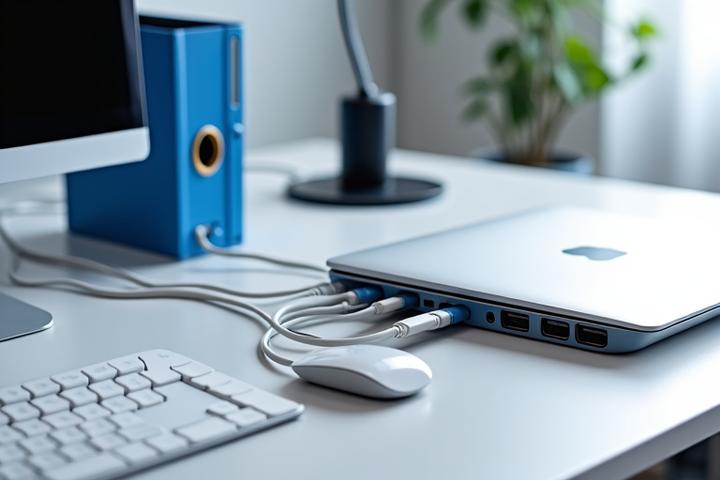 Çok portlu docking station'a bağlı bir laptop ve birden fazla çevre birimi