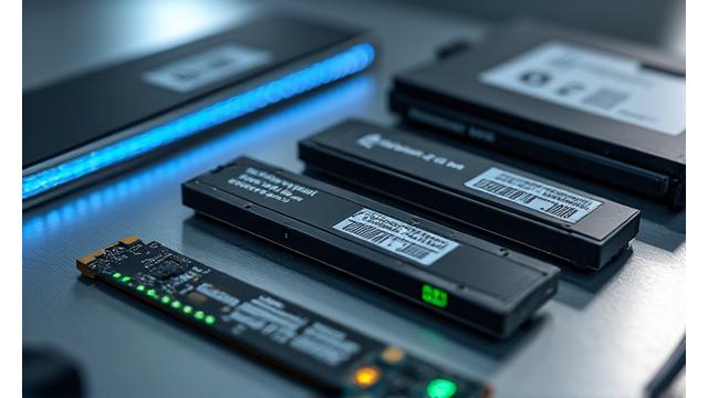 Farklı boyutlarda SSD ve harici HDD diskler bir masanın üzerinde sıralanmış