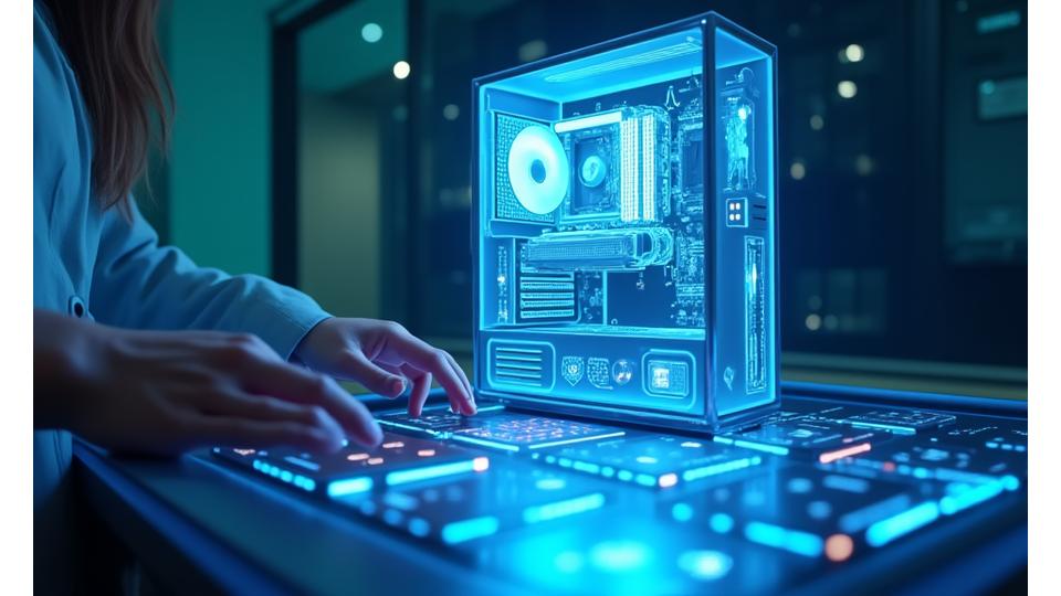 Bir kişinin bilgisayar bileşenlerini seçtiği, ekranda 3D render edilmiş bir bilgisayar kasasının olduğu konfigüratör arayüzü