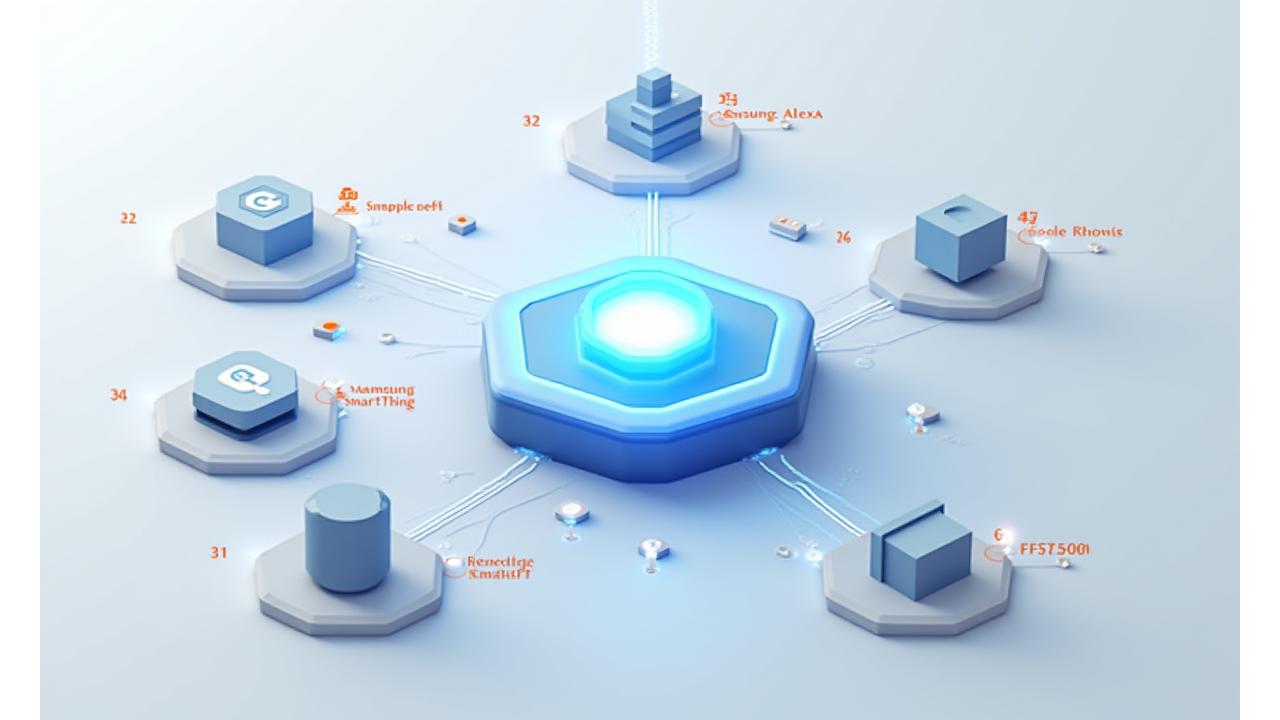 Farklı akıllı ev sistemlerinin (Apple HomeKit, Google Nest, Amazon Alexa) uyumluluk matrisini ve entegrasyonlarını gösteren bir grafik.