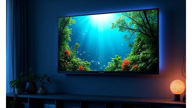 Çok ince çerçeveli, duvara monte edilmiş ve canlı renkler gösteren büyük bir OLED televizyon.