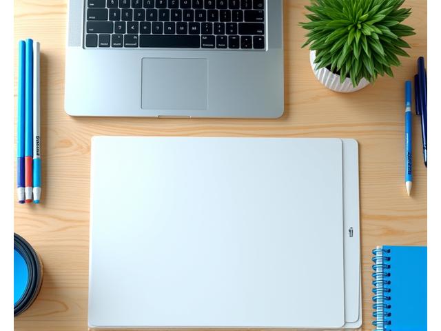 Üzerinde defter, kalem ve dizüstü bilgisayarın bulunduğu çalışma masası