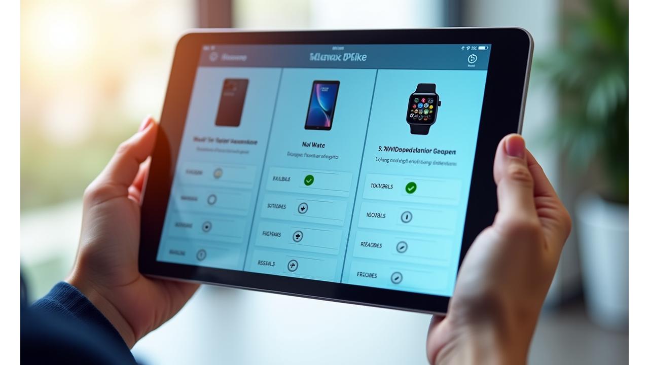 Akıllı telefon, tablet ve akıllı saat gibi farklı gadget'ların özelliklerinin interaktif karşılaştırma arayüzünü gösteren bir ekran görüntüsü.