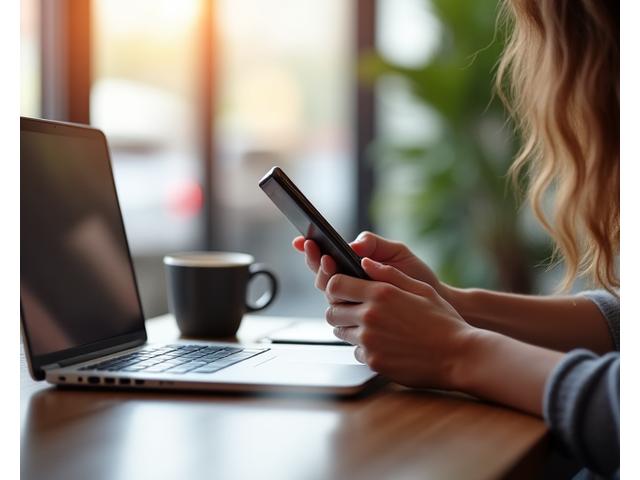 Şık bir kahve dükkanında akıllı telefonunu ve dizüstü bilgisayarını kullanan bir profesyonel.