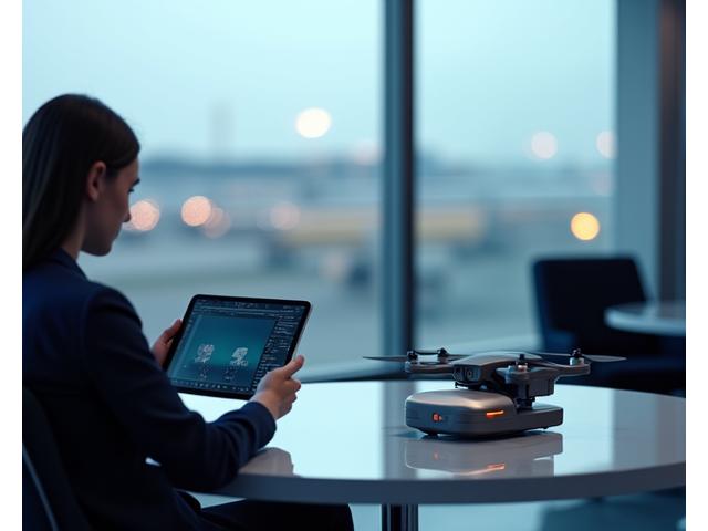 Bir kadın, bir havalimanında tabletindeki film seansının bitimiyle uçan drone'unu kontrol ediyor.