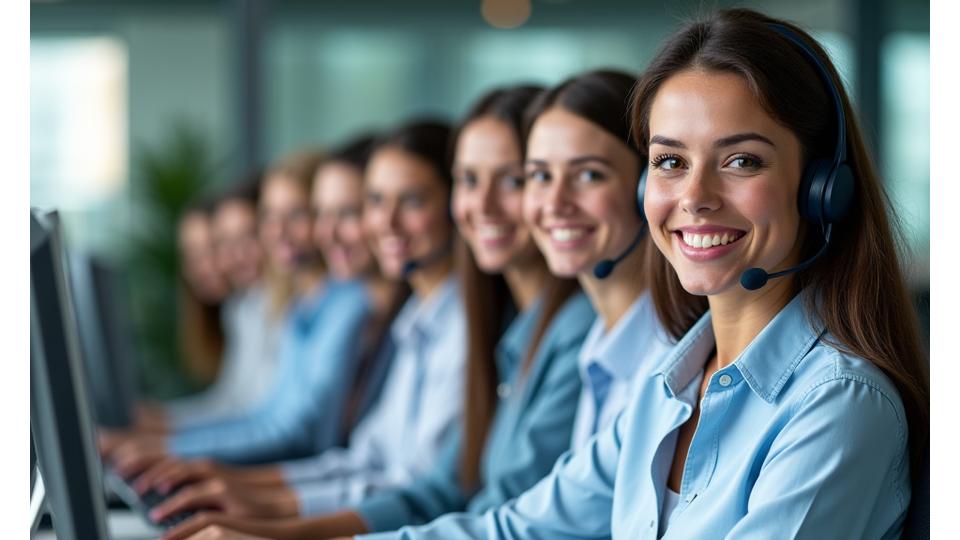 Gülümseyen, profesyonel bir müşteri destek ekibinin, modern bir ofis ortamında kulaklıklarla çalışmasını gösteren görsel.