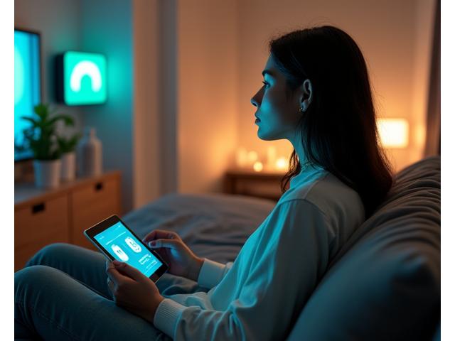 Modern bir evin oturma odasında tablet üzerinden akıllı ev sistemini kontrol eden genç bir kadın, ortamda akıllı aydınlatma ve cihazlar görülüyor.