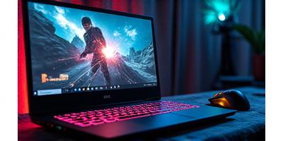 RGB aydınlatmalı, modern bir oyun dizüstü bilgisayarı ve oyun faresi