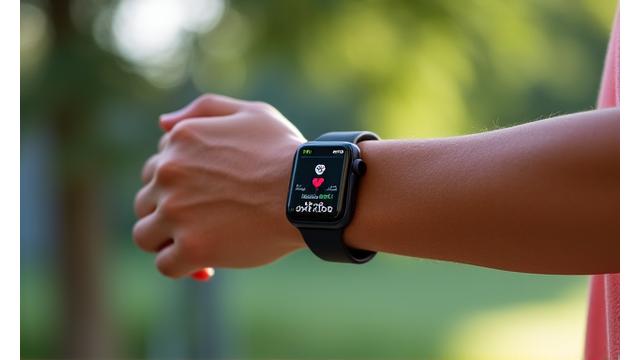 El bileğinde akıllı saat olan bir sporcu, ekranında sağlık verileri gösteriliyor
