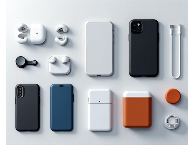 Farklı renk ve boyutlarda şık, modern akıllı telefon aksesuarları (şarj cihazları, kılıflar, kulaklıklar) sergileniyor