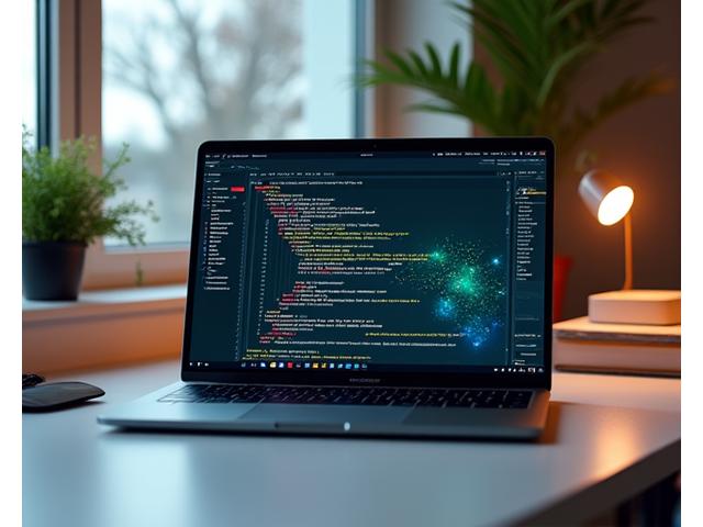Açık ekranında kod veya grafik tasarım yazılımı olan ultra ince bir dizüstü bilgisayar