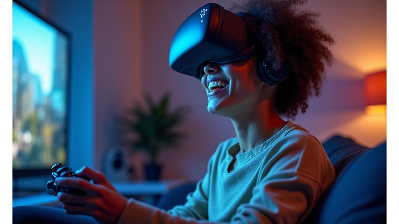 Oyun oynayan bir kişinin elinde son model konsol ve VR gözlükler
