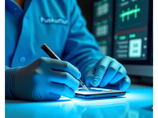 Bir teknisyenin yüksek teknoloji ekipmanlarla akıllı telefon üzerinde detaylı kontrol yaptığı yakın çekim.
